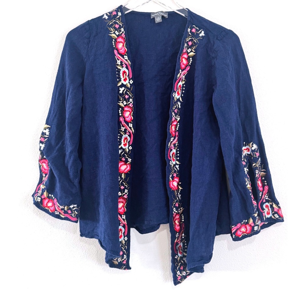 Market & Spruce | Navy Linen Kimono Floral Embroidered Cardigan Top
